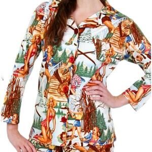 Brigi Country Babes Pajama Top Pin Up Girl Winter Scene Flannel Button Front M